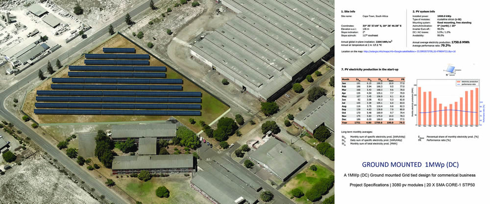 1MWp (DC) Ground mounted Grid tied design for commercial business.